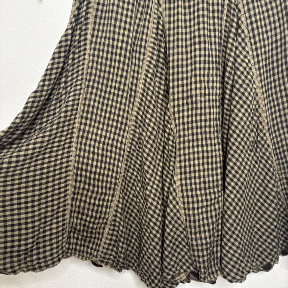 Reversible Gingham Plaid Maxi Skirt Black Tan Elastic Waist Boho - Picture 3 of 7